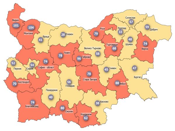 COVID заболеваемост: Половината страна е в жълтата зона, нито една област в червената