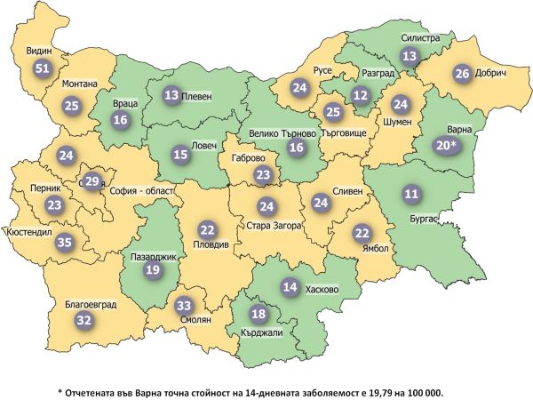 COVID заболеваемост: Единадесет области в зелената зона