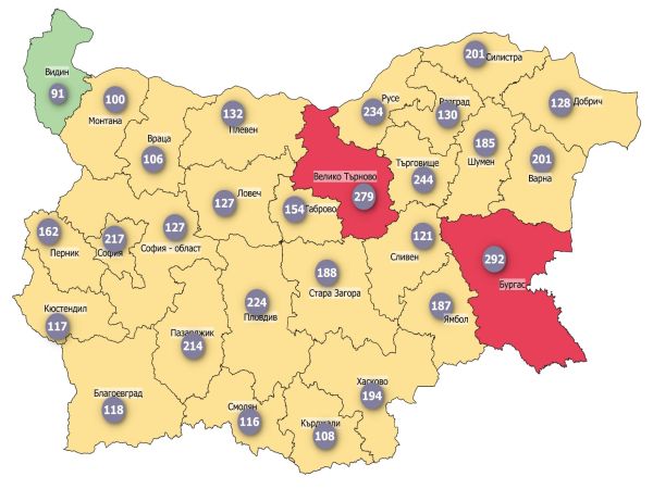 COVID заболеваемост: Две области в червено, само една в зелено