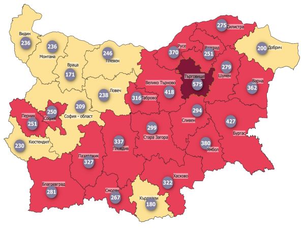 COVID заболеваемост: Една област вече в тъмночервено, 18 – в червено