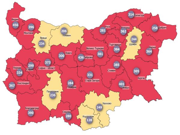 COVID заболеваемост: 22 области в червената зона