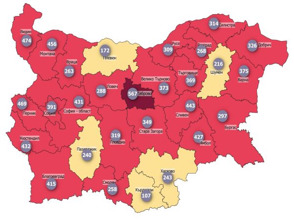 COVID заболеваемост: Отново област в тъмночервено, едва пет са извън червената зона