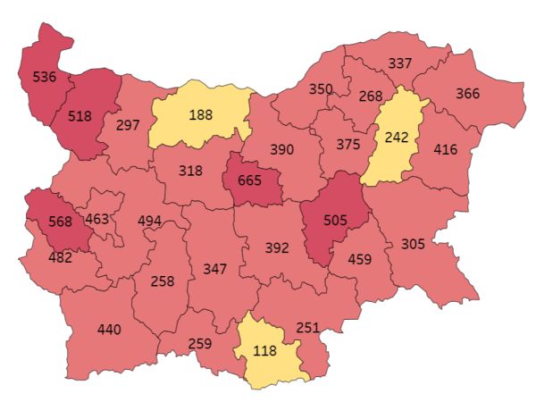 COVID заболеваемост: Пет области в тъмночервено, едва три в жълто