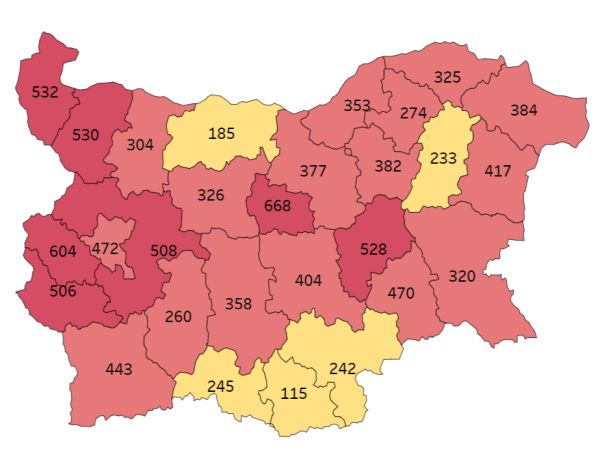 COVID заболеваемост: Областите в тъмночервено станаха седем