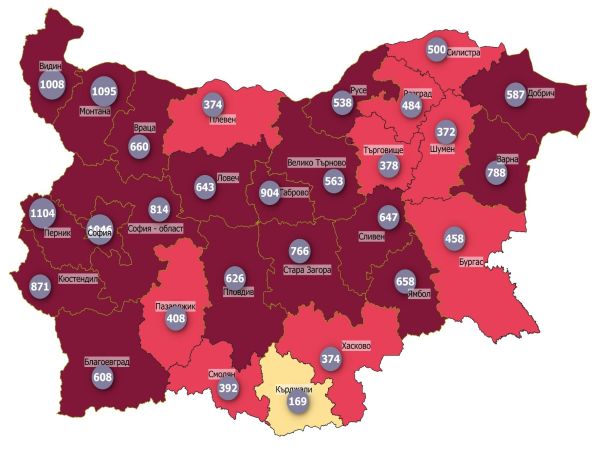 COVID заболеваемост: 18 области в тъмночервено, Кърджали остава „COVID оазис“