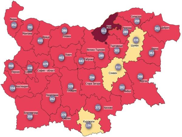 COVID заболеваемост: Три области в жълто, една в тъмночервено