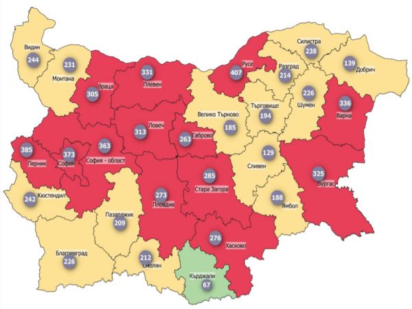 COVID заболеваемост: Една област в зелено, 14 в жълто и 13 в червено