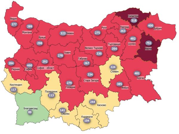352,5‱ е средната за страната 14-дневна заболеваемост от COVID към