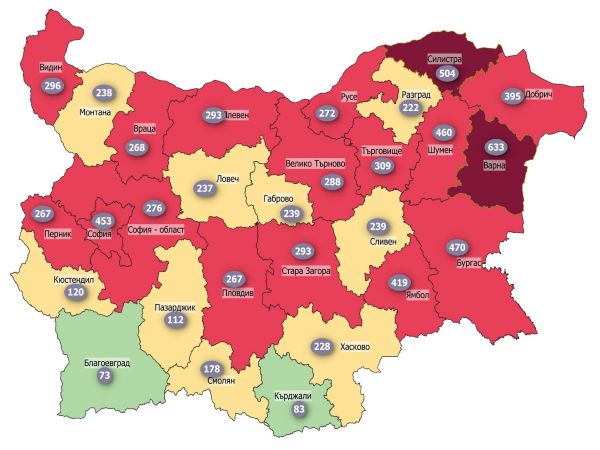 331,1‱ е средната за страната 14-дневна заболеваемост от COVID-19 към