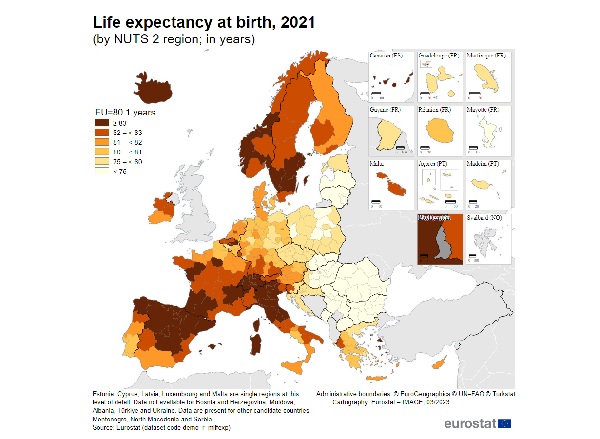 Очакваната продължителност на живота при раждане в ЕС през 2021