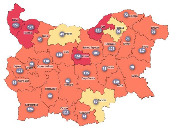 COVID заболеваемост: Три области в жълтата зона, само четири остават в червената